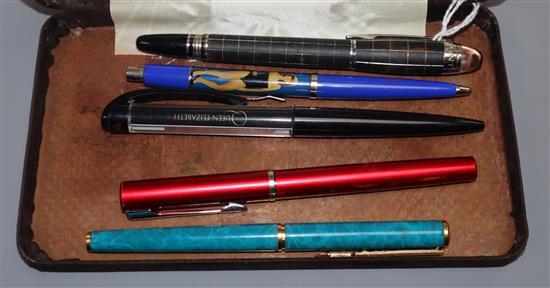 A Montblanc Starwalker rollerball, two Parker fountain pens (marked France) and two novelty ballpoint pens